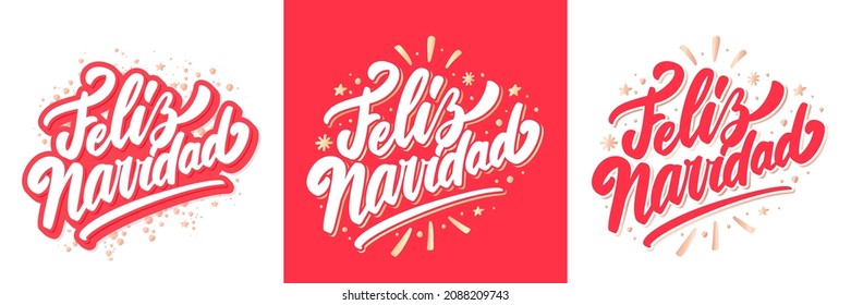 Merry Christmas In Spanish, Feliz Navidad. Vector Handwritten Lettering Cards Set.