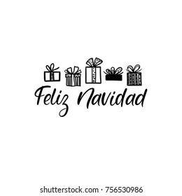 Merry Christmas in spanish. Feliz Navidad. Christmas calligraphy. Handwritten brush lettering for greeting card, poster, invitation, banner. Hand drawn design elements. Isolated on white background.