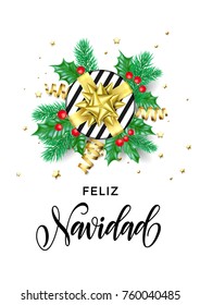 Merry Christmas Spanish Feliz Navidad holiday hand drawn quote calligraphy greeting card background template. Vector Christmas tree holly wreath decoration, golden gift or ribbon confetti white design