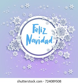 Merry Christmas in Spanish festive snowflakes background for holiday invitation or card. Feliz Navidad celebration illustration for design. Papercut winter decoration.