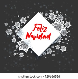 Merry Christmas in Spanish festive snowflakes background for holiday invitation or card. Feliz Navidad celebration illustration for design banner, ticket, leaflet and so on.