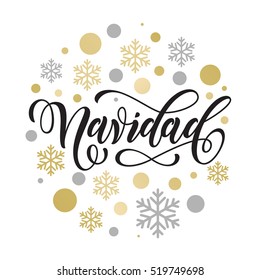 Frohe Weihnachten im spanischen Gruß. Feliz Navidad Karte mit goldenen und silbernen Weihnachtsdekoren und Schneeflocken. Kalligraphisches Schriftsystem