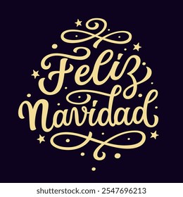 Merry Christmas in spanish. Hand lettering golden script text isolated on black background. Vector typography for posters, banners, cards, Christmas and new year decorations