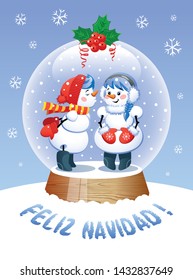 Merry Christmas In Spanish Language. A cute Christmas Snow Globe with a Kissing snowman inside. Vector illustration.