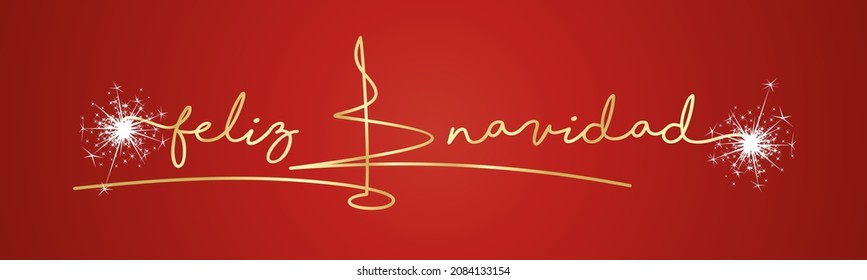 Merry Christmas Spanish language golden handwritten lettering tipography and abstract line design christmas tree sparkle firework white red background