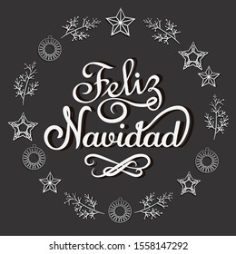 Merry Christmas in Spanish vector illustraton. Lettering and ornaments.