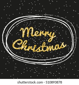 Merry Christmas sparkles background for text, type, quote. Gold glittering lettering design.  Abstract white round frame  on black.  Vector illustration.