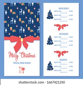 Merry Christmas Special Menu Design with Festive Pattern of Reindeer, Giftbox, Fir-Tree, Red Festive Ribbon Decoration and Place for Meals Price. Cafe Brochure Cartoon Flat Vector Illustration, Banner
