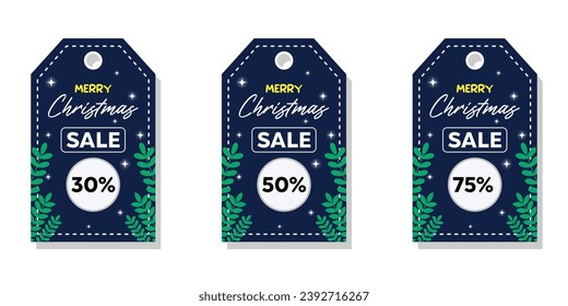 Feliz Navidad especial ofrece un conjunto de etiquetas vectoriales con color azul oscuro, 30%, 50% y 75% de descuento. plantilla de tarjeta de felicitación de Navidad. Tienda de diseño de afiches de mercado.