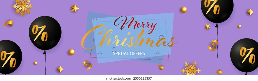 Merry Christmas Special Offers design gold decoration on purple background. Up to percent lettering can be used for posters, leaflets, announcements