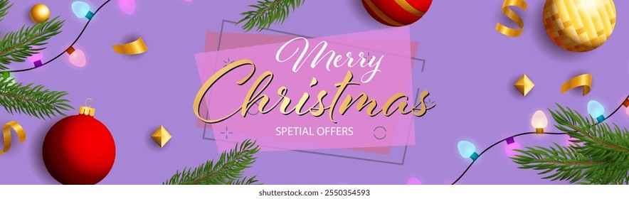 Merry Christmas Special Offers design with colorful light bulbs, Christmas toys and fir branch on purple background. Up to percent lettering can be used for posters, leaflets, announcements