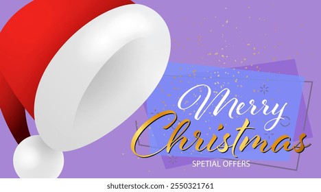 Merry Christmas Special Offers lettering with Santa Claus hat and yellow confetti coming on purple background. Lettering can be used for posters, leaflets, announcements