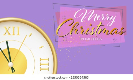 Merry Christmas Special Offers lettering with clock coming to midnight and yellow confetti on purple background. Lettering can be used for posters, leaflets, announcements