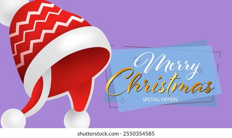 Merry Christmas Special Offers poster design with Santa Claus hat on purple background. Lettering can be used for posters, leaflets, announcements