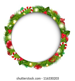 Merry Christmas Speech Bubble With Wreath, Isolated On White Background, Vector Illustration