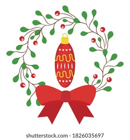 merry christmas sphere in berries with leaves crown with bowtie design, winter season and decoration theme Vector illustration