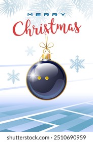 Merry Christmas. Sports greeting card. Realistic squash ball in the shape of a Christmas ball. Vector illustration.