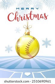 Feliz Natal. Cartão comemorativo esportivo. Bola de softball realista na forma de uma bola de Natal. Ilustração vetorial.