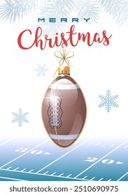 Merry Christmas. Sports greeting card. Realistic American Football or Rugby ball in the shape of a Christmas ball. Vector illustration.
