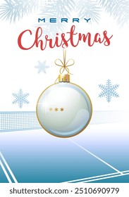 Merry Christmas. Sports greeting card. Realistic ping pong ball in the shape of a Christmas ball. Vector illustration.