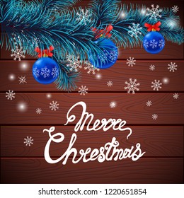 merry Christmas, spruce branch with Christmas toys on wooden background, snow, banner vector illustration