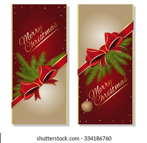 Merry Christmas. Spruce branches, bright red ribbon with a bow on a beige background. Vector flyer template.