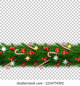 Merry christmas spruce tree border with realistic cane candy, golden star toy red berry. Xmas, new year holiday decoration transparent background. Traditional party greeting card invitation vector
