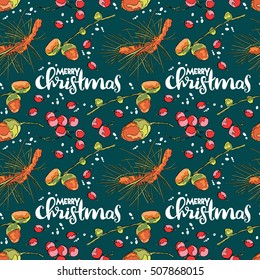 Merry Christmas. Spruce tree, rowan berries, acorns. Seamless vector pattern (background).