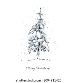 Merry Christmas. Spruce tree under the snow. Fir with snowflakes sketch