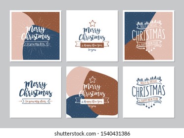 Merry Christmas square cards set with ornamental saying designs. Doodles and sketches vector Christmas illustrations.