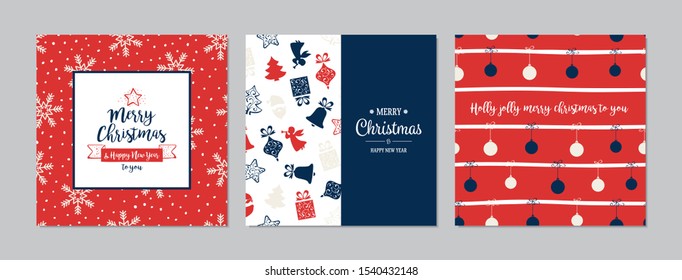 Merry Christmas square cards set with Santa Claus, baubles and gifts. Doodles and sketches vector Christmas illustrations.