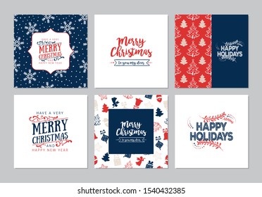 Merry Christmas square cards set with Santa Claus, baubles and trees. Doodles and sketches vector Christmas illustrations.