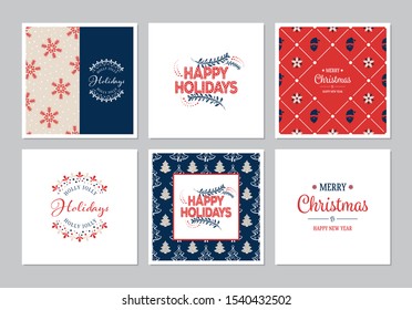 Merry Christmas square cards set with Santa Claus, snowflakes and trees. Doodles and sketches vector Christmas illustrations.