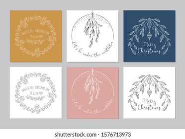 Merry Christmas square cards set with hand drawn elements. Doodles and sketches vector Christmas illustrations.