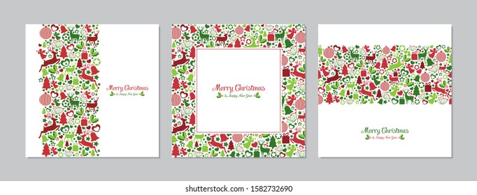 Merry Christmas square cards set with pattern. Doodles and sketches vector Christmas illustrations.