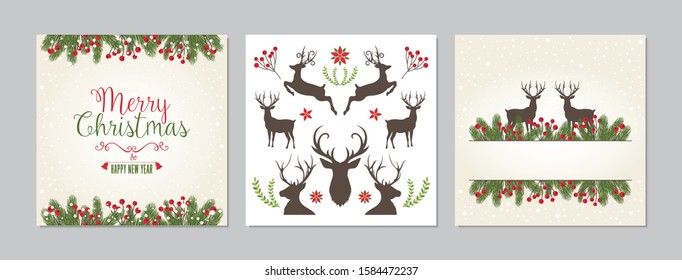 Merry Christmas square cards set with deers and greetings. Doodles and sketches vector Christmas illustrations.
