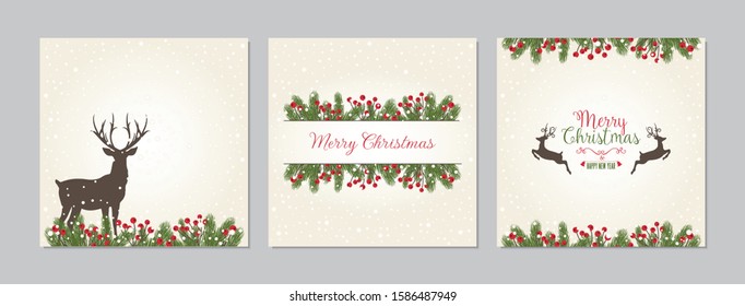 Merry Christmas square cards set with deers and greetings. Doodles and sketches vector Christmas illustrations.