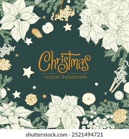 Merry Christmas square design template. Modern Xmas design with typography, poinsettia, pine cones, pine branches. Trendy vector hand drawn illustration for season banner, poster, cover