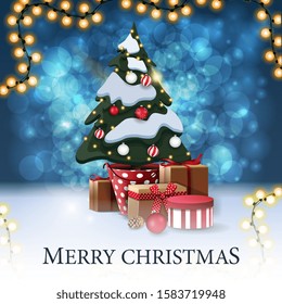 Merry Christmas, square postcard with blue blurred background, frame of garland and Christmas tree in a pot with gifts