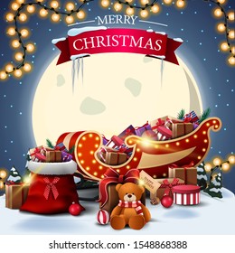 Merry Christmas, square postcard with winter landscape, big yellow moon, Santa Claus bag and Santa Sleigh with presents