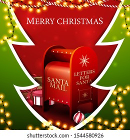 Merry Christmas, square red and green postcard in the form of Christmas tree in paper cut style with garlands and Santa letterbox with presents