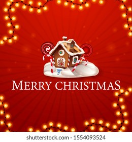 Merry Christmas, square red postcard in minimalism style with garland and Christmas gingerbread house with whipped cream and candy