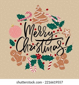 Merry Christmas square shape greeting card. Vector beige color holiday design.