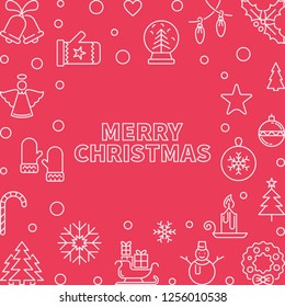 Merry Christmas square vector outline frame. Xmas concept background in thin line style