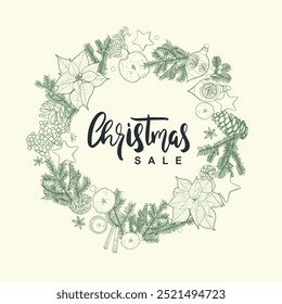 Merry Christmas square visual design. Modern Xmas design with typography, beautiful Christmas tree, Christmas sweets. Trendy hand drawn illustration for season banner, poster, cover