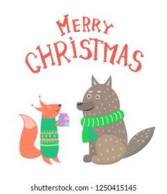Merry Christmas, squirrel with gift box in knitted green sweater and wolf in warm scarf. Winter animals exchanging presents isolated on white, vector