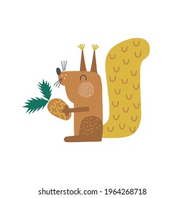 Merry Christmas squirrel with pine gift vector illustration isolated on white. Funny decorative party animal childish clipart. Holly Xmas print design for kids. 