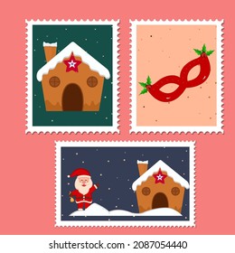 Merry Christmas Stamp Collection With Snow Home, Santa Claus And Party Mask Illustration.