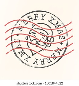 Merry Christmas Stamp Postal. Santa Claus Doodle Seal. Passport Round Design. Vector Icon. Design Retro Travel.