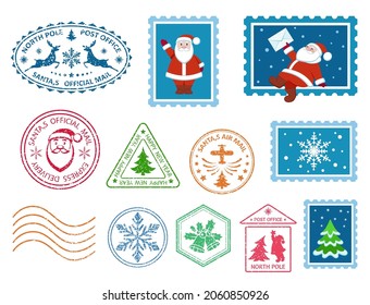 Merry Christmas stamp. Santa Claus postage stamps. Christmas mail. Set of different Christmas stamps. Santa's Air Mail. Isolation. Vector illustration